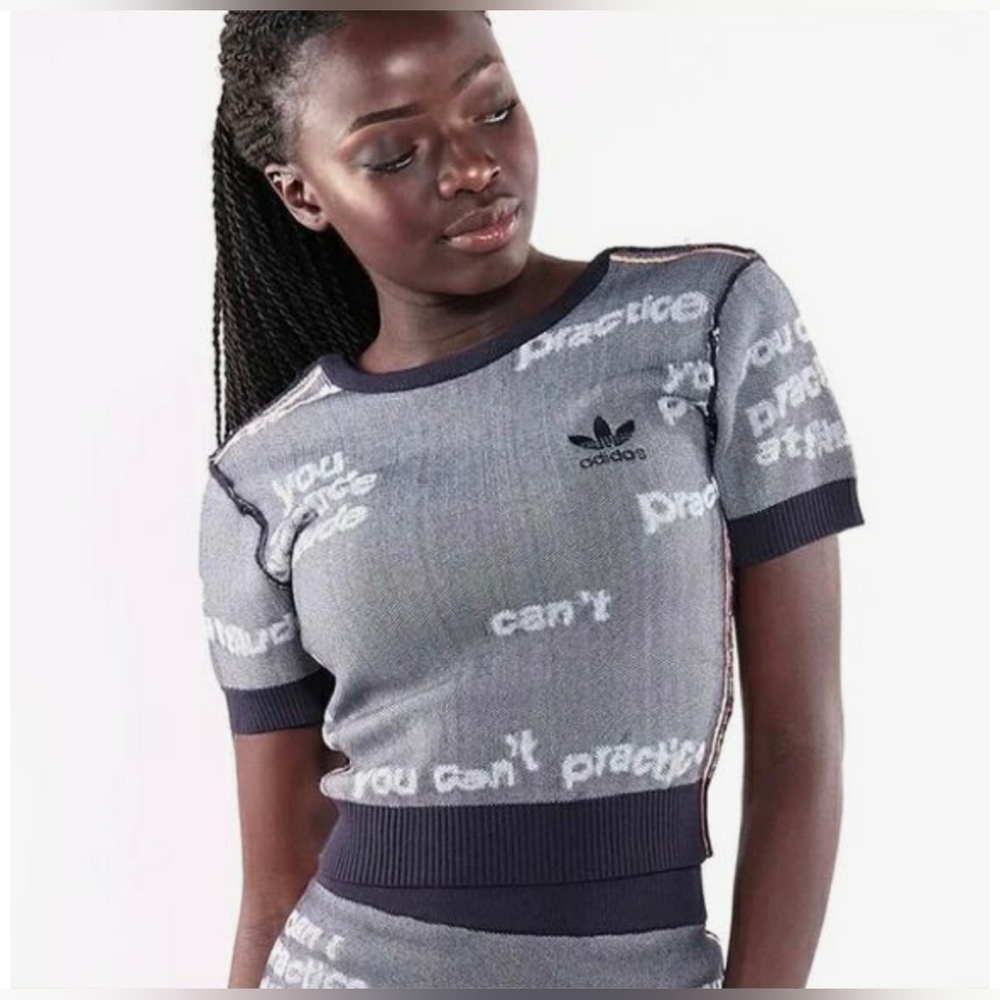 adidas Gray and Navy Logo Knit Short Sleeve Top